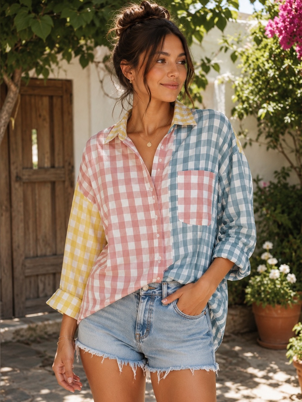 NaaNaa Colorblock Gingham Button-Up Shirt